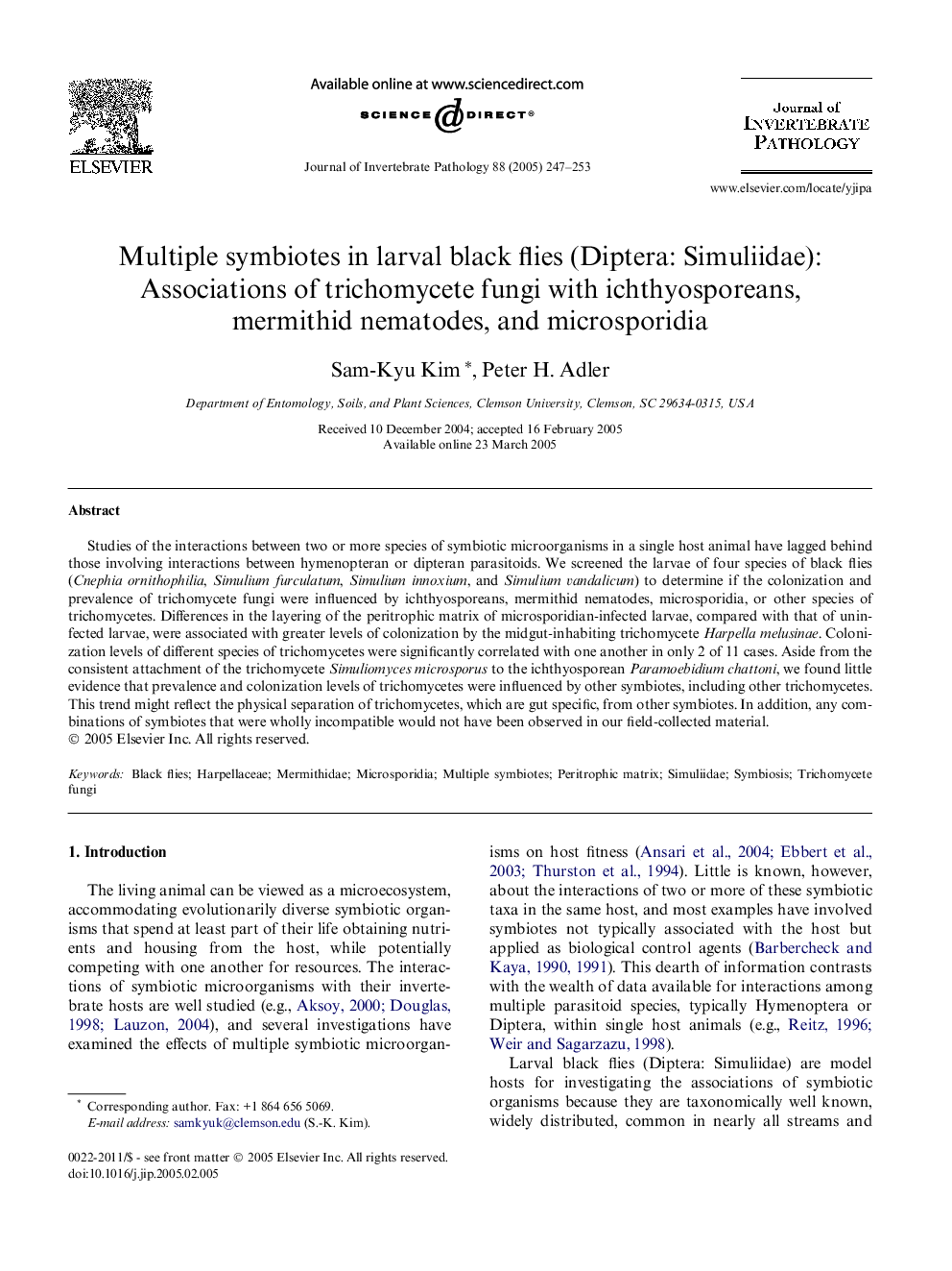 Multiple symbiotes in larval black flies (Diptera: Simuliidae): Associations of trichomycete fungi with ichthyosporeans, mermithid nematodes, and microsporidia