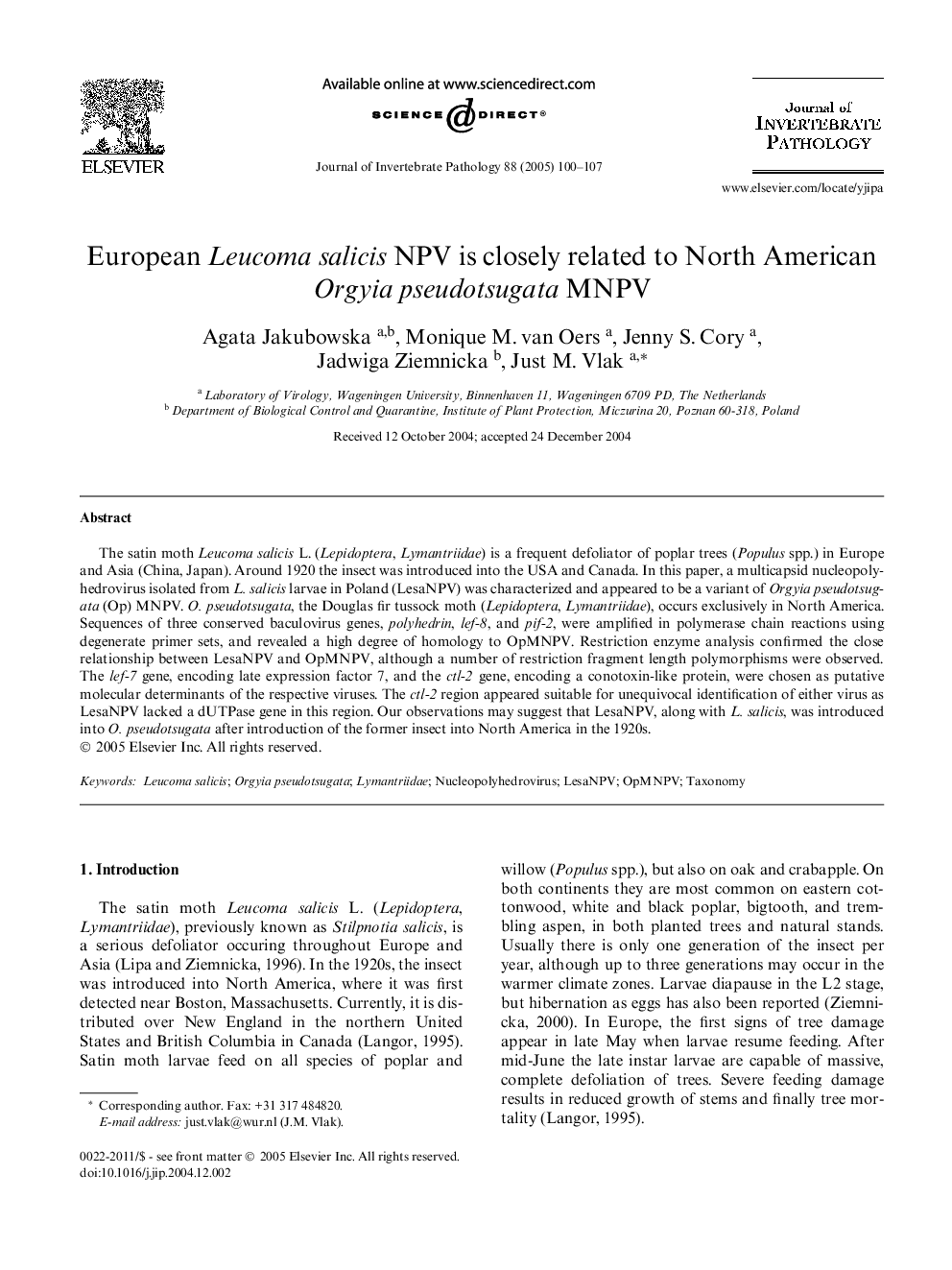 European Leucoma salicis NPV is closely related to North American Orgyia pseudotsugata MNPV