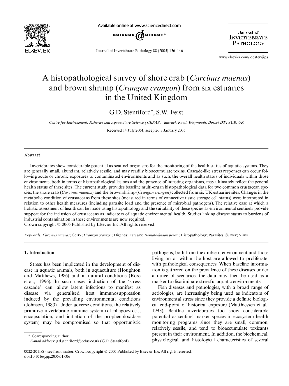 A histopathological survey of shore crab (Carcinus maenas) and brown shrimp (Crangon crangon) from six estuaries in the United Kingdom