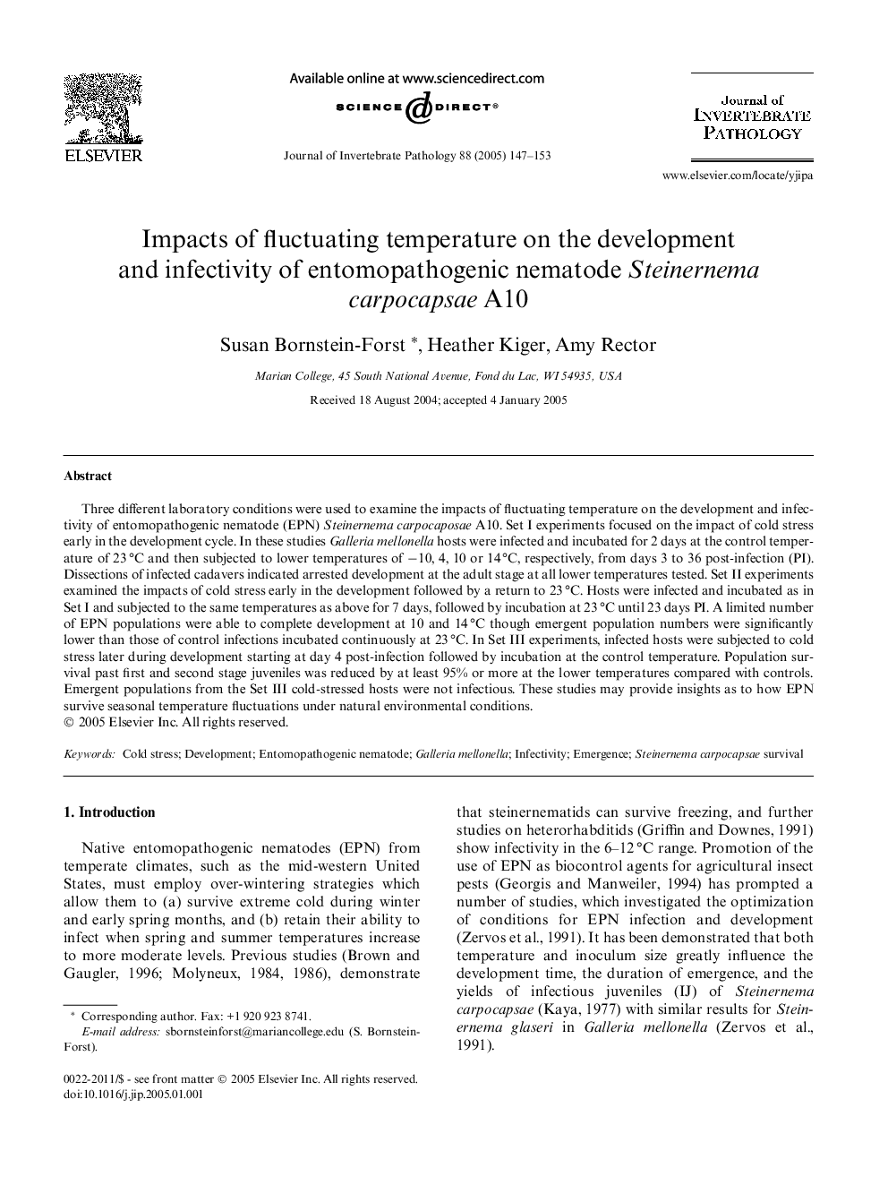 Impacts of fluctuating temperature on the development and infectivity of entomopathogenic nematode Steinernema carpocapsae A10