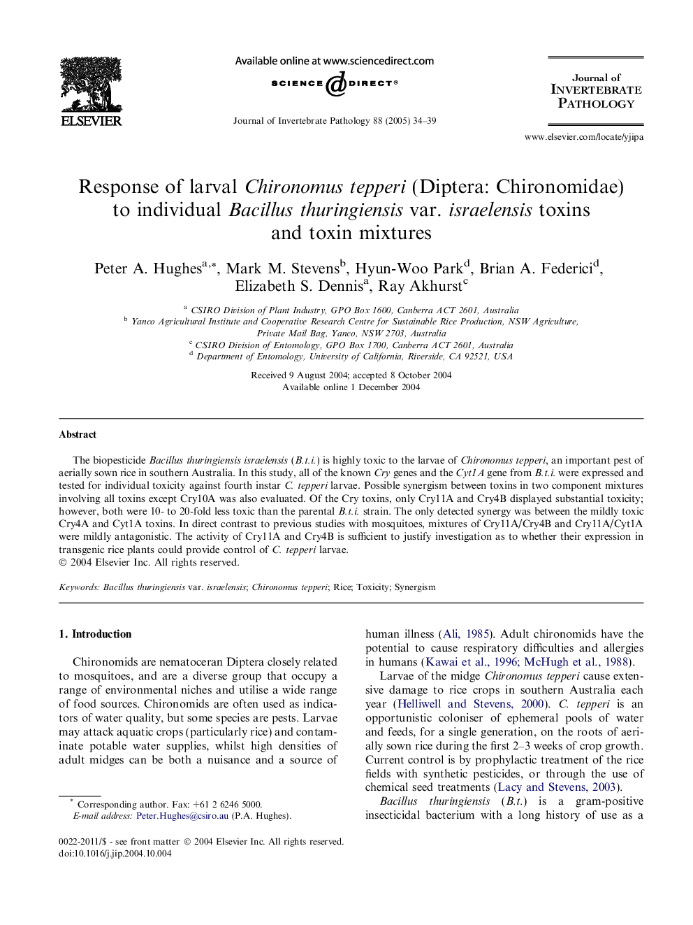 Response of larval Chironomus tepperi (Diptera: Chironomidae) to individual Bacillus thuringiensis var. israelensis toxins and toxin mixtures