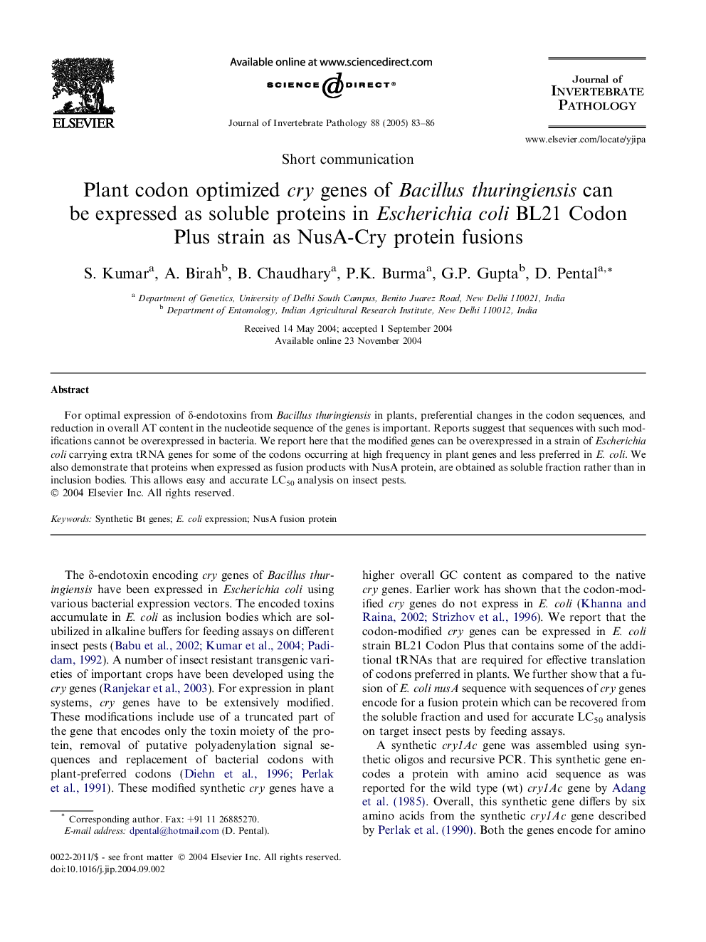 Plant codon optimized cry genes of Bacillus thuringiensis can be expressed as soluble proteins in Escherichia coli BL21 Codon Plus strain as NusA-Cry protein fusions