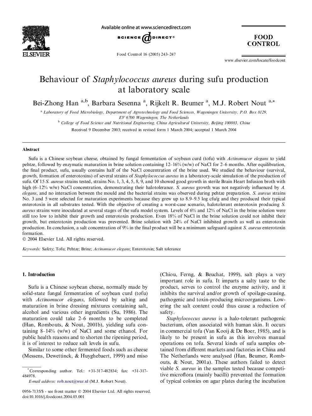 Behaviour of Staphylococcus aureus during sufu production at laboratory scale