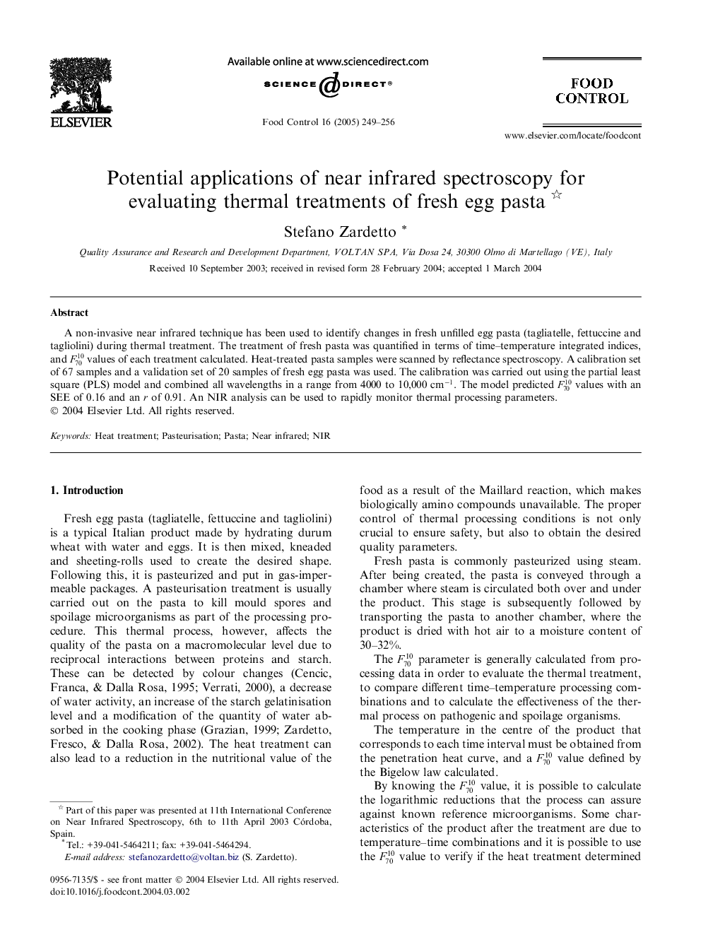 Potential applications of near infrared spectroscopy for evaluating thermal treatments of fresh egg pasta