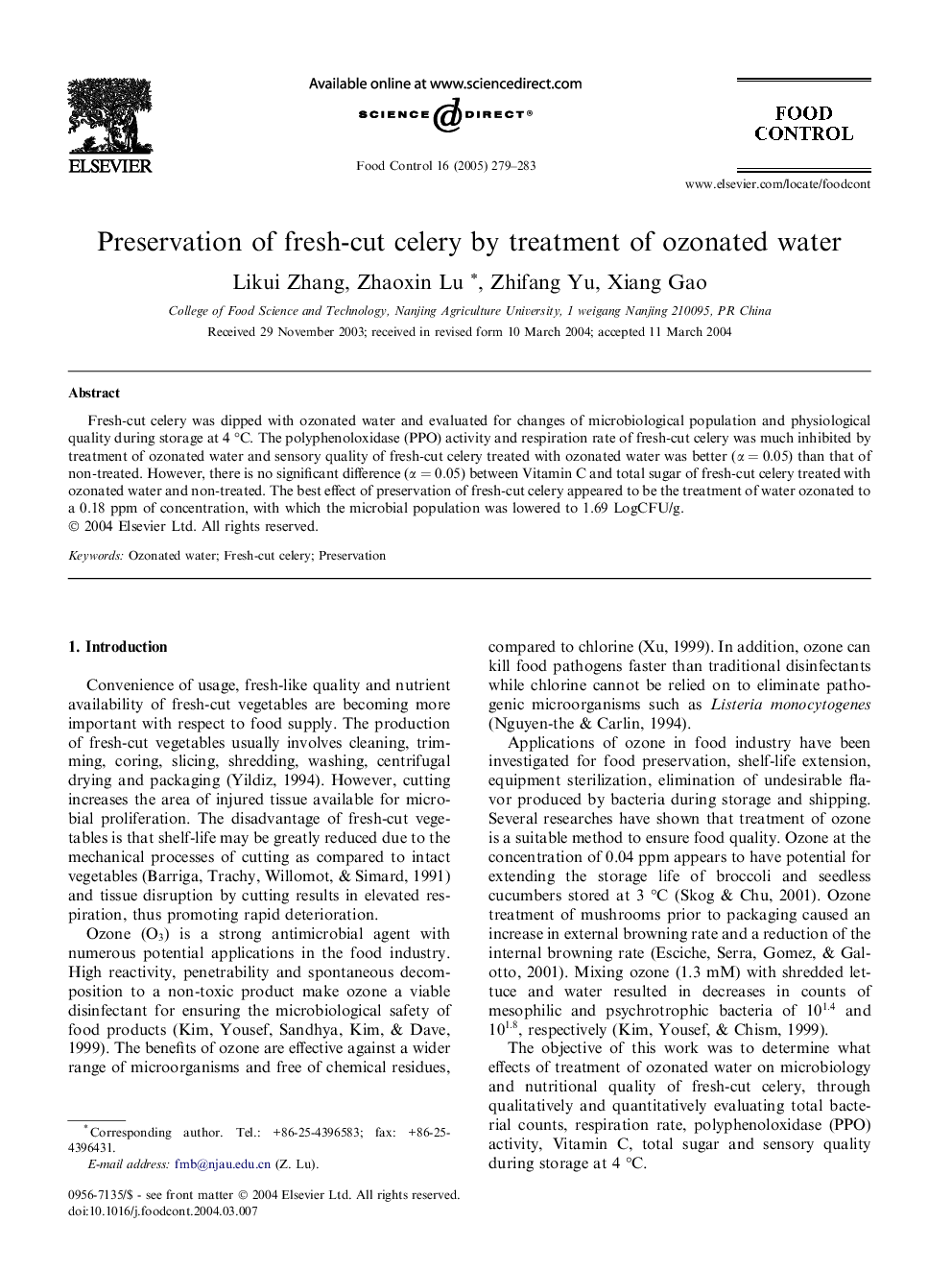 Preservation of fresh-cut celery by treatment of ozonated water