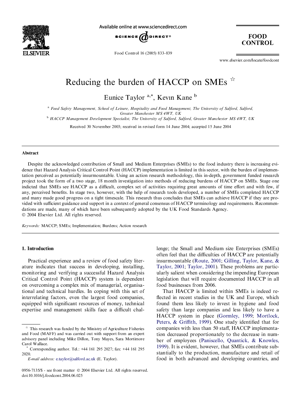 عکس صفحه اول مقاله: Reducing the burden of HACCP on SMEs Reducing the burden of HACCP on SMEs