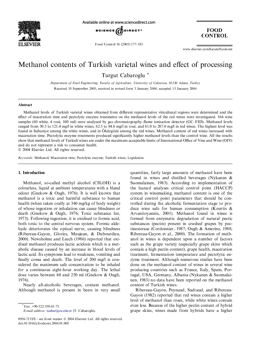 Methanol contents of Turkish varietal wines and effect of processing