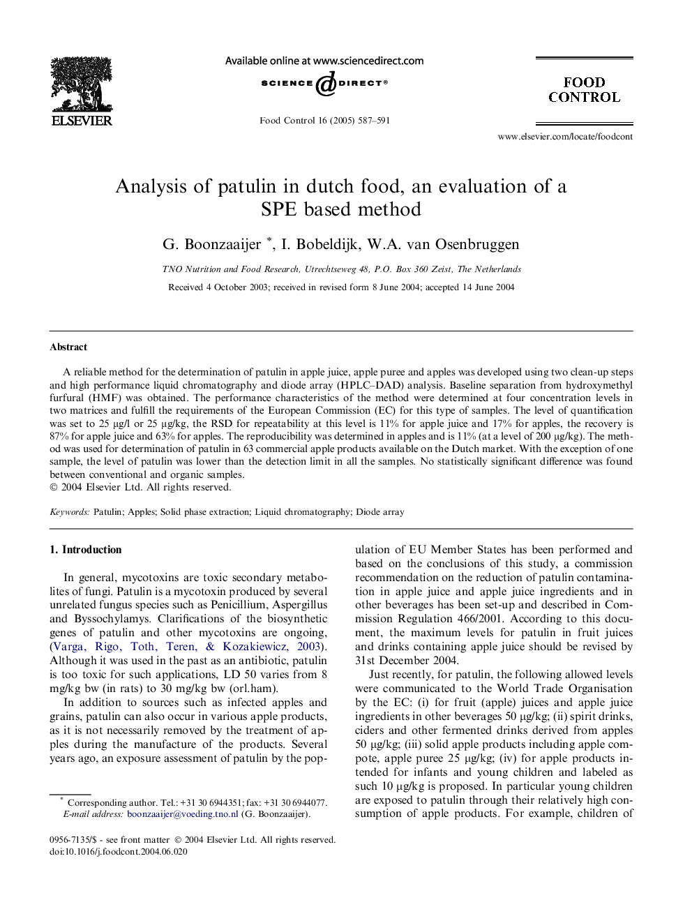 Analysis of patulin in dutch food, an evaluation of a SPE based method