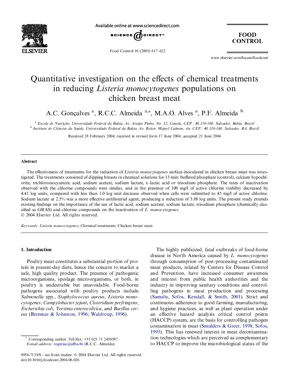 Quantitative investigation on the effects of chemical treatments in reducing Listeria monocytogenes populations on chicken breast meat