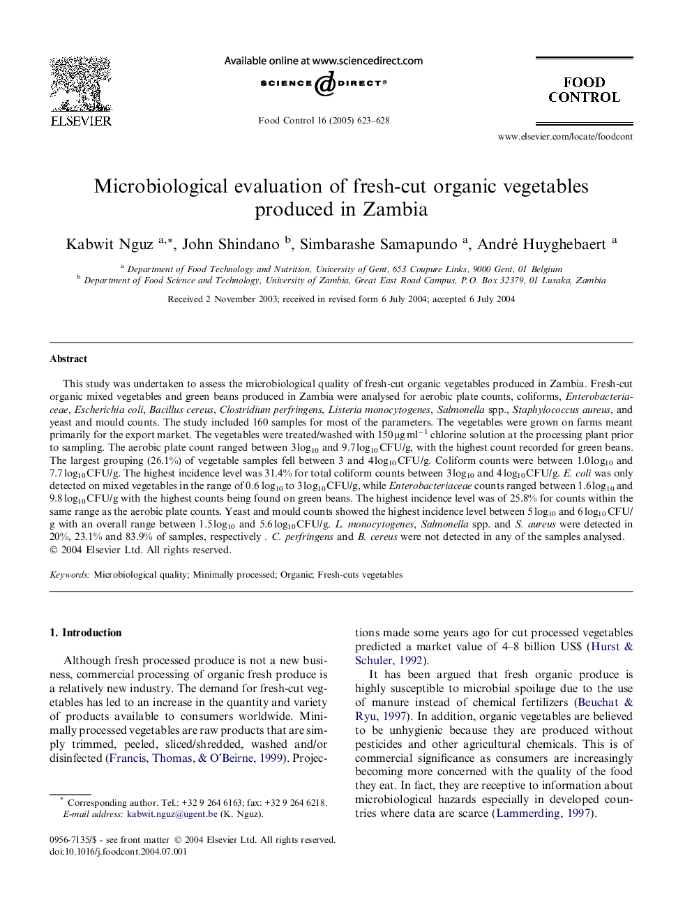 Microbiological evaluation of fresh-cut organic vegetables produced in Zambia