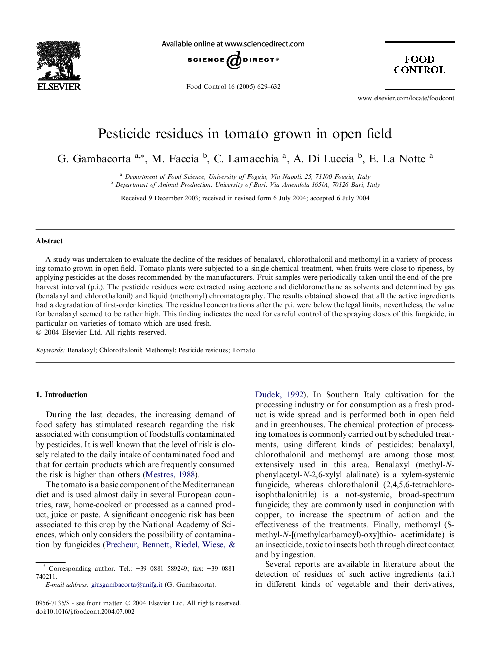 Pesticide residues in tomato grown in open field