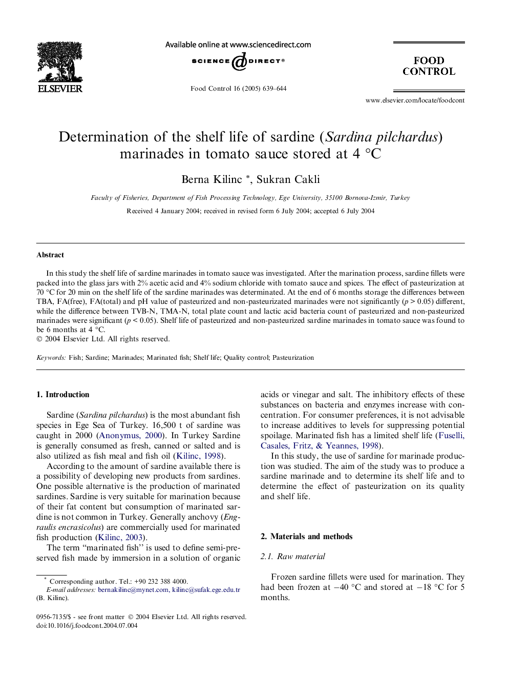 Determination of the shelf life of sardine (Sardina pilchardus) marinades in tomato sauce stored at 4 Â°C