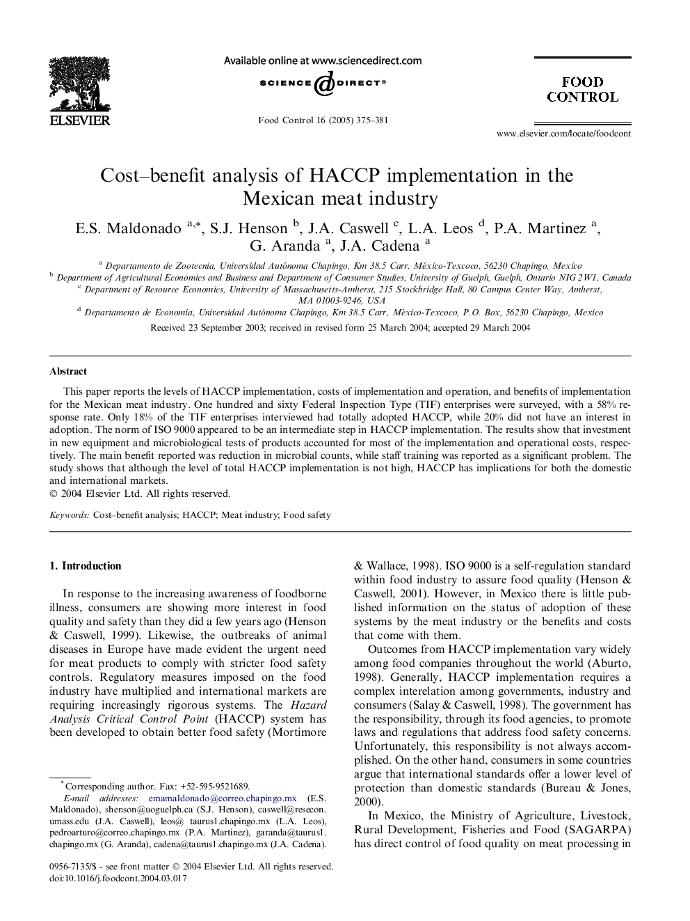 Cost-benefit analysis of HACCP implementation in the Mexican meat industry