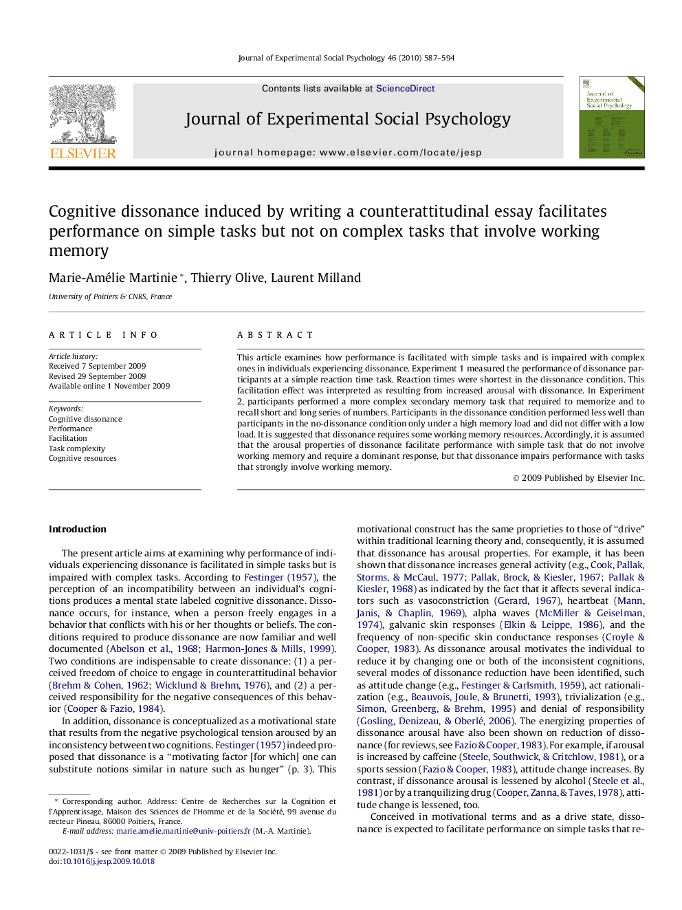 Cognitive dissonance induced by writing a counterattitudinal essay facilitates performance on simple tasks but not on complex tasks that involve working memory