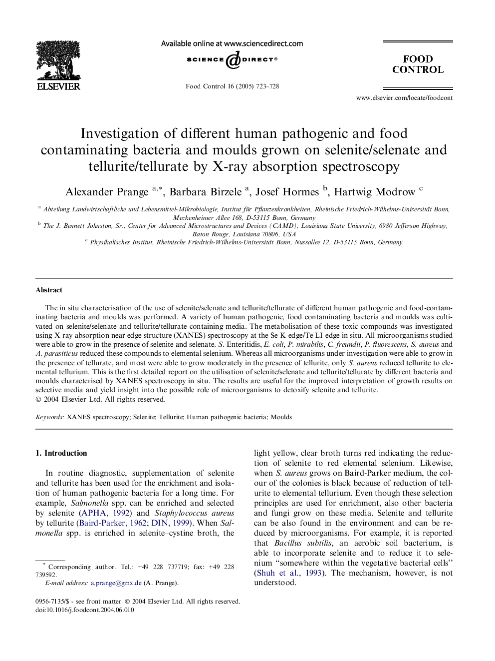 Investigation of different human pathogenic and food contaminating bacteria and moulds grown on selenite/selenate and tellurite/tellurate by X-ray absorption spectroscopy