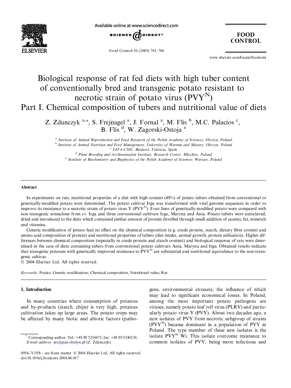 Biological response of rat fed diets with high tuber content of conventionally bred and transgenic potato resistant to necrotic strain of potato virus (PVYN) Part I. Chemical composition of tubers and nutritional value of diets