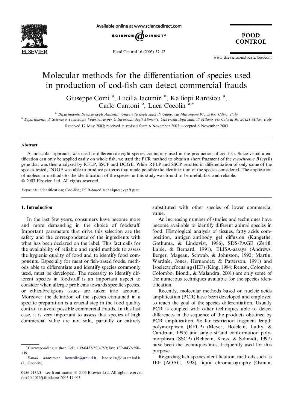 Molecular methods for the differentiation of species used in production of cod-fish can detect commercial frauds