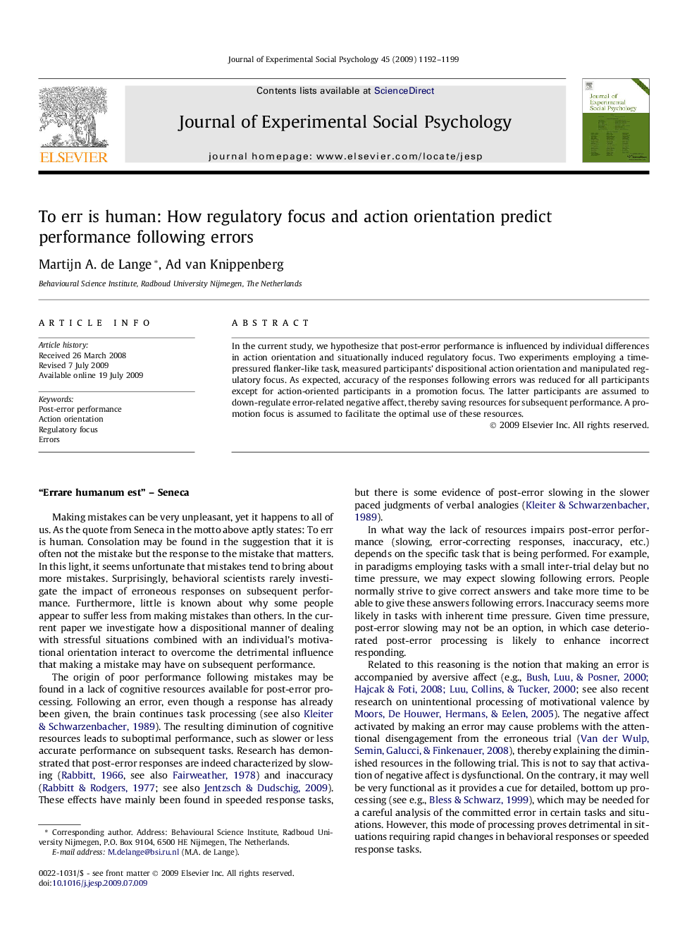 To err is human: How regulatory focus and action orientation predict performance following errors