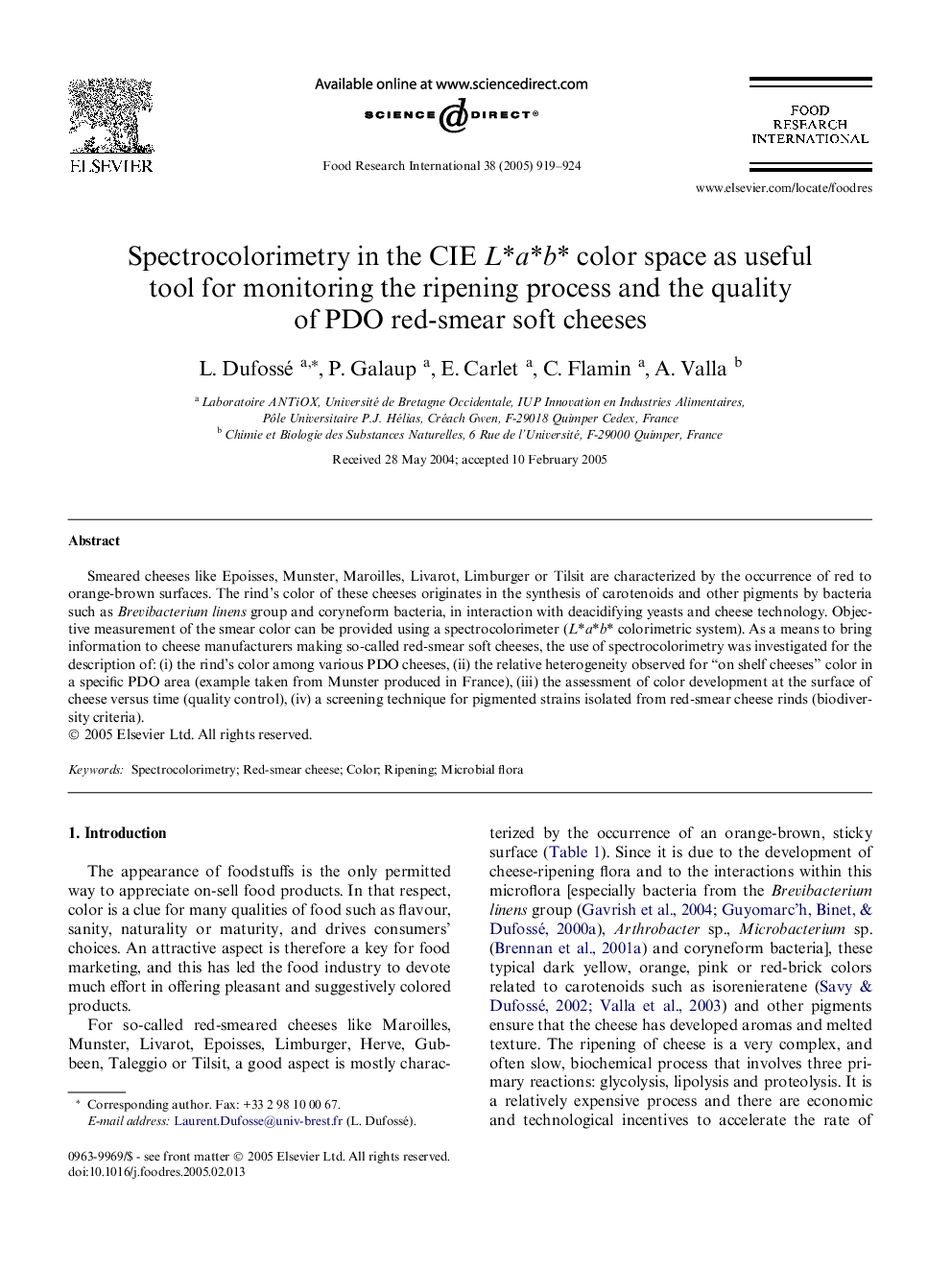 Spectrocolorimetry in the CIE L*a*b* color space as useful tool for monitoring the ripening process and the quality of PDO red-smear soft cheeses