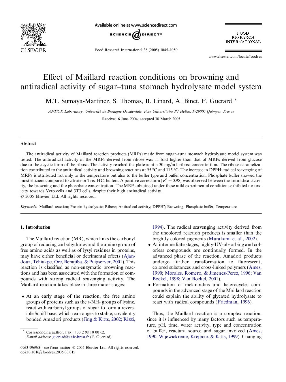 Effect of Maillard reaction conditions on browning and antiradical activity of sugar-tuna stomach hydrolysate model system