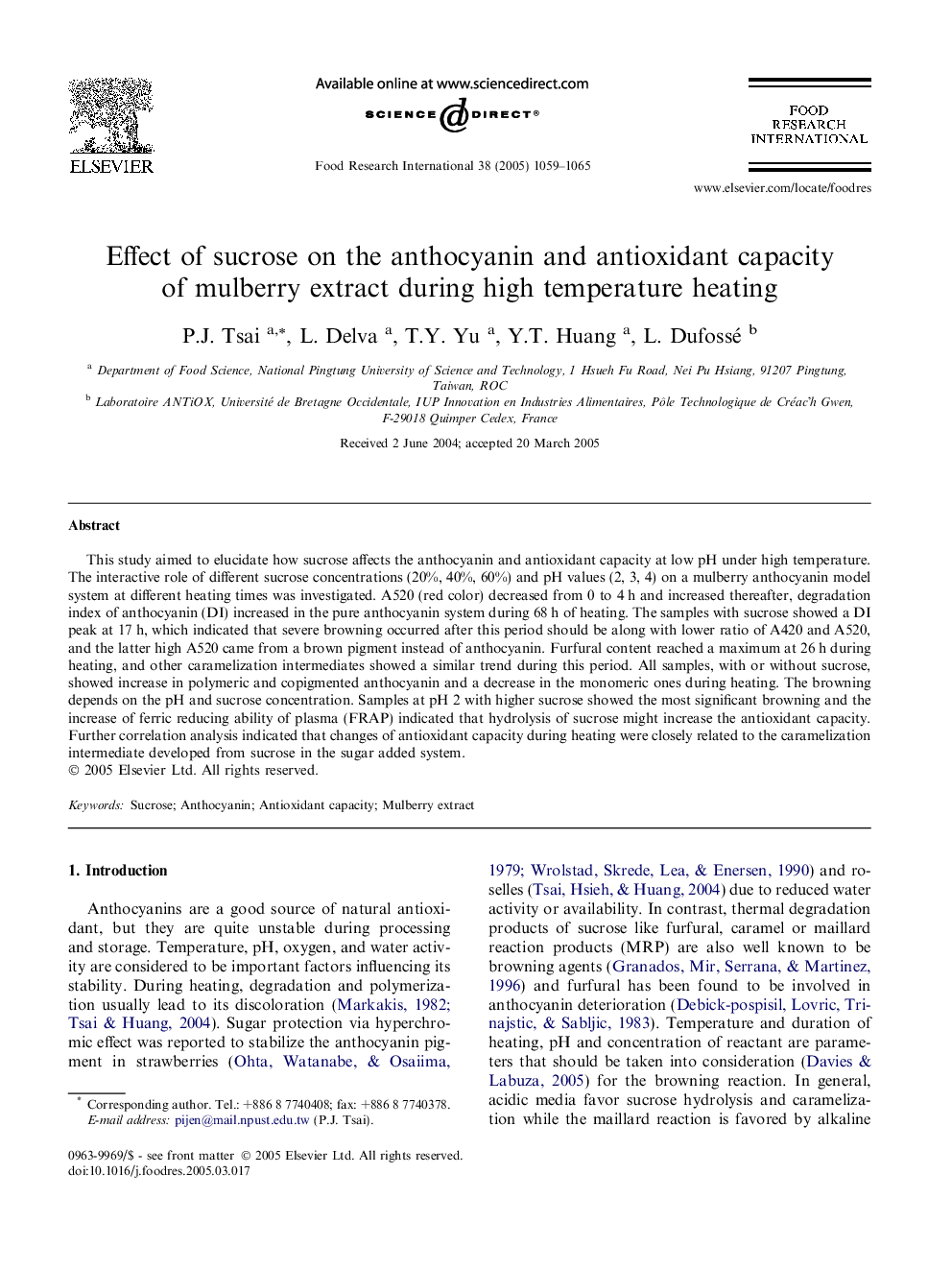 عکس صفحه اول مقاله: Effect of sucrose on the anthocyanin and antioxidant capacity of mulberry extract during high temperature heating Effect of sucrose on the anthocyanin and antioxidant capacity of mulberry extract during high temperature heating