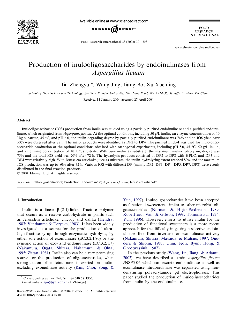 Production of inulooligosaccharides by endoinulinases from Aspergillus ficuum