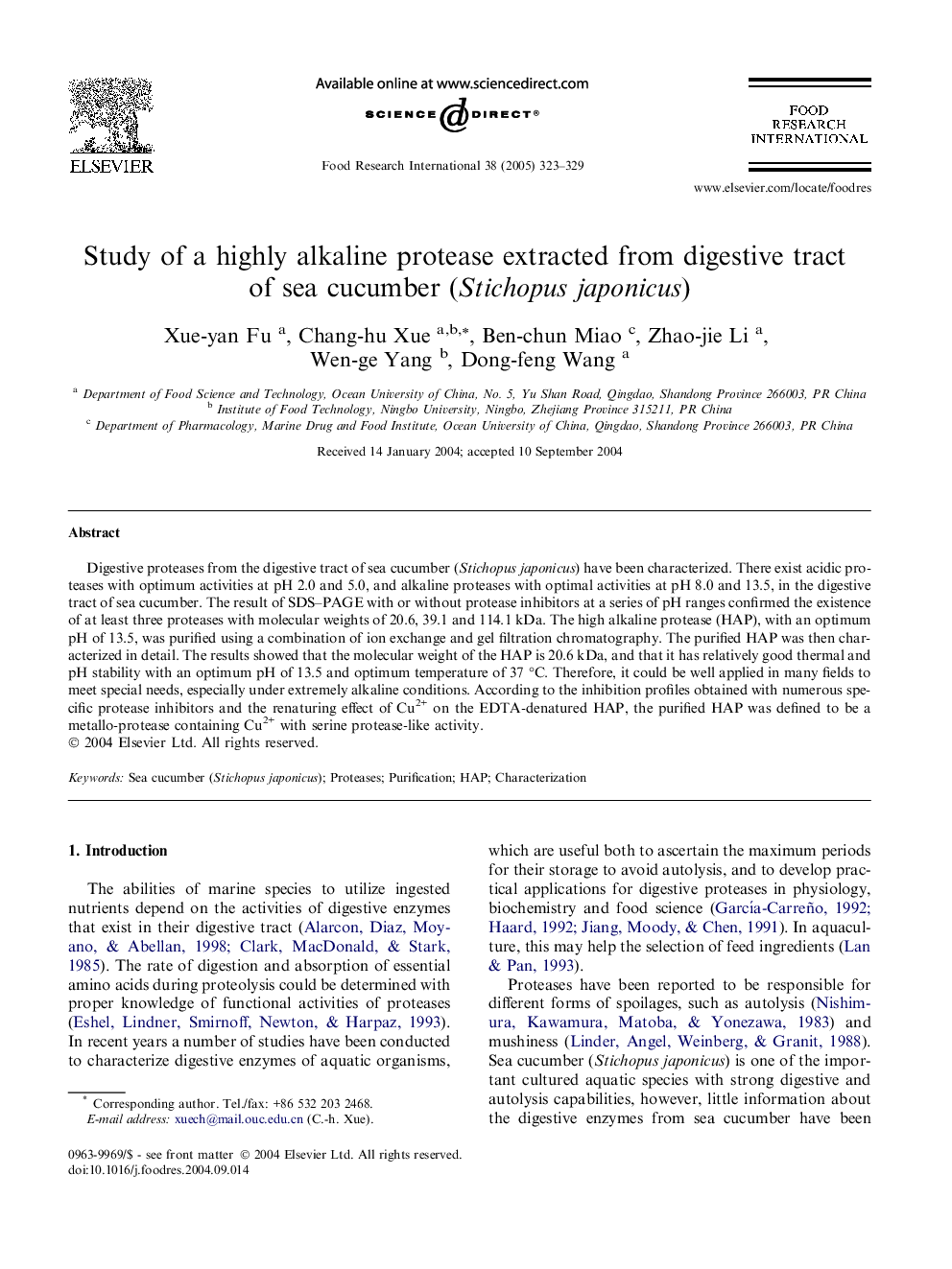 Study of a highly alkaline protease extracted from digestive tract of sea cucumber (Stichopus japonicus)