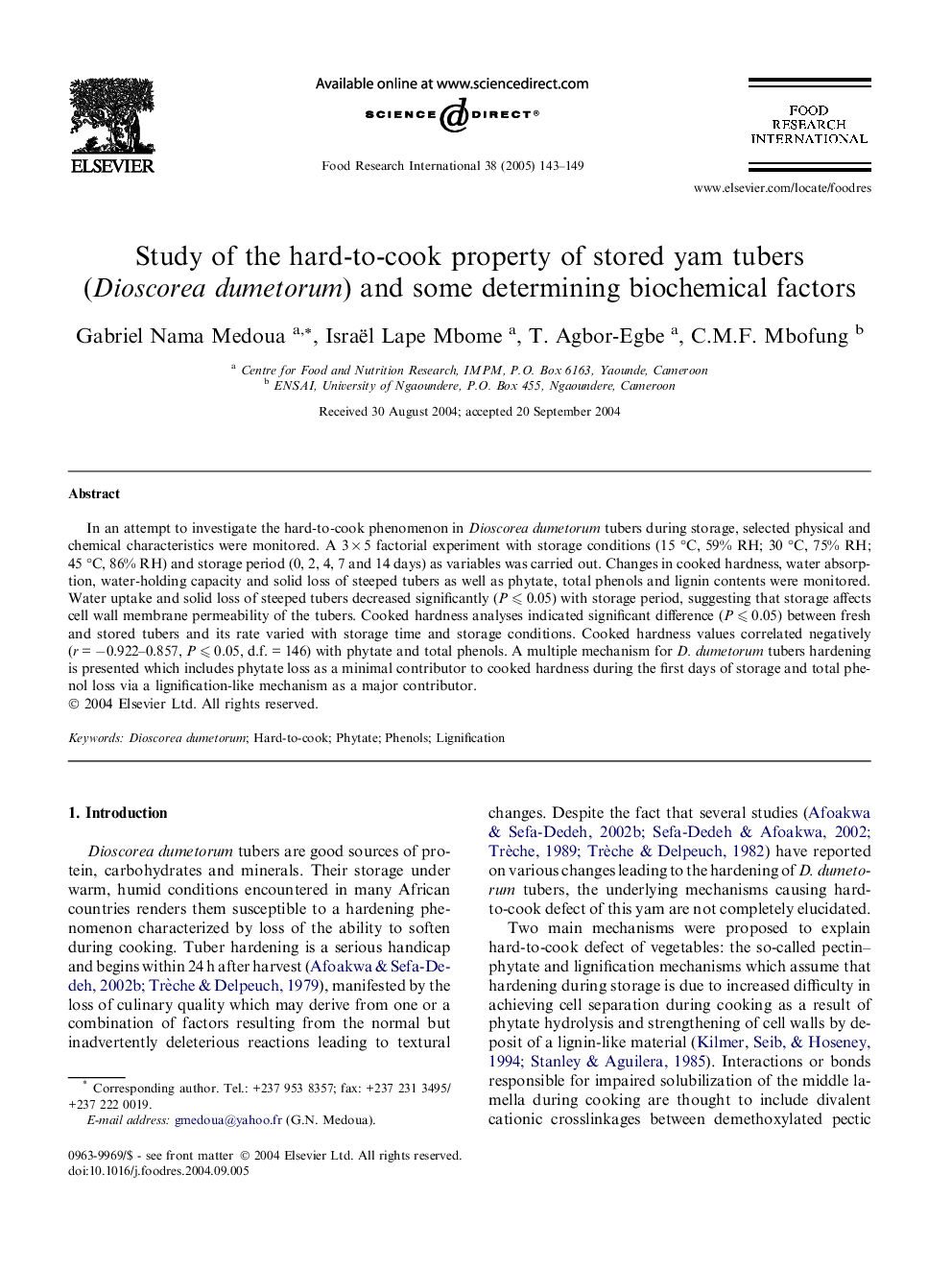 Study of the hard-to-cook property of stored yam tubers (Dioscorea dumetorum) and some determining biochemical factors