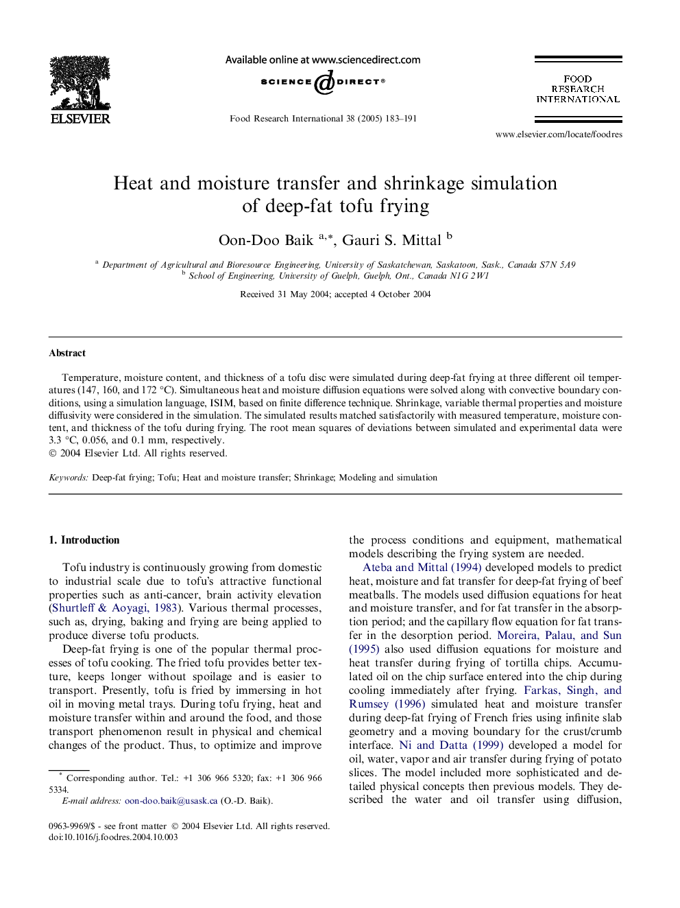 Heat and moisture transfer and shrinkage simulation of deep-fat tofu frying