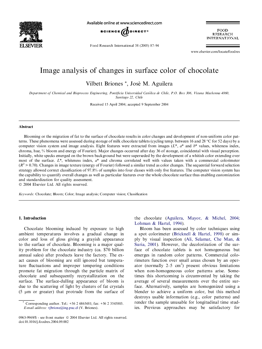 Image analysis of changes in surface color of chocolate