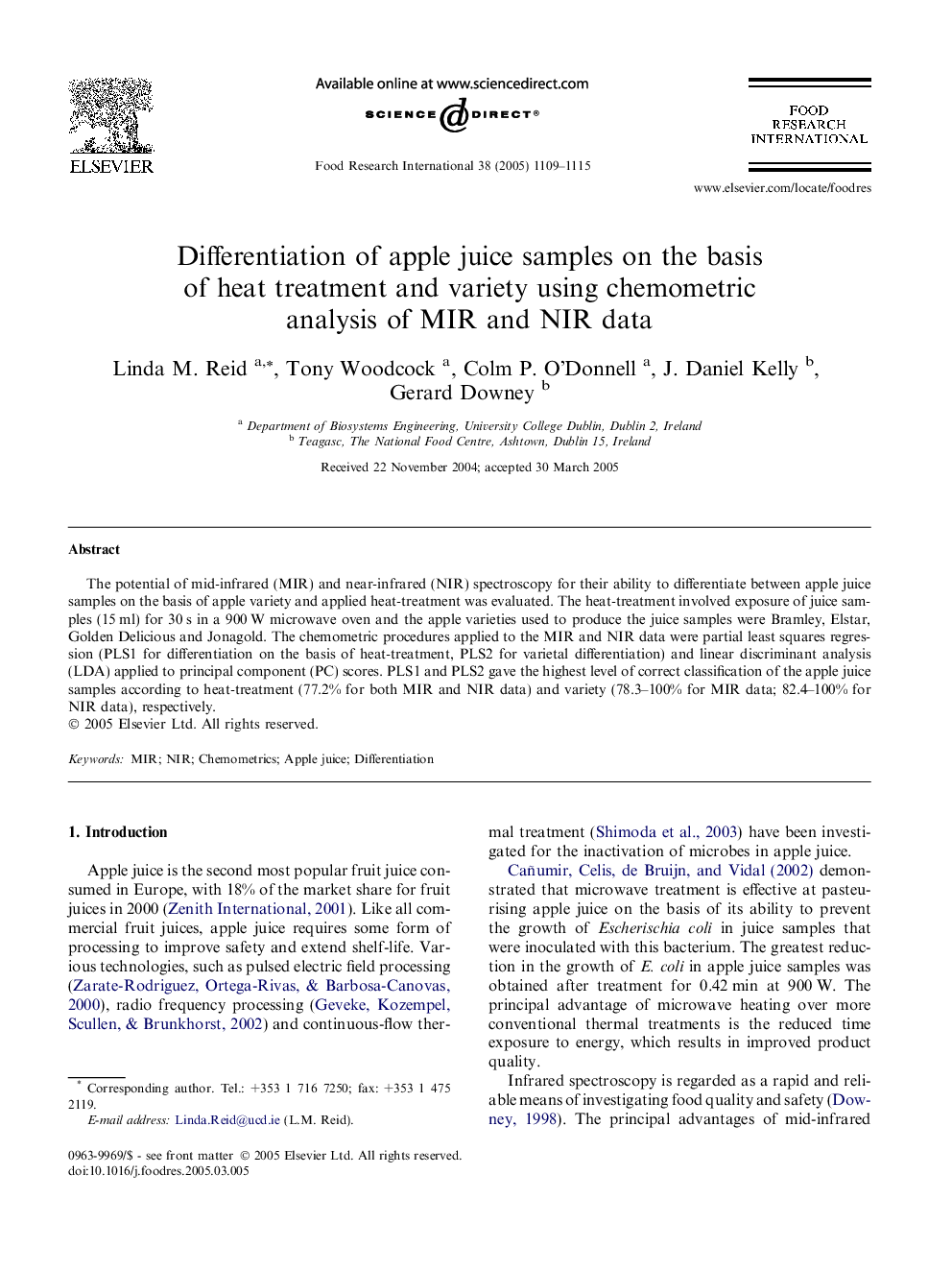 Differentiation of apple juice samples on the basis of heat treatment and variety using chemometric analysis of MIR and NIR data