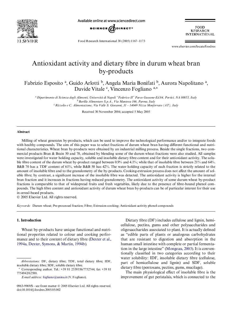 Antioxidant activity and dietary fibre in durum wheat bran by-products