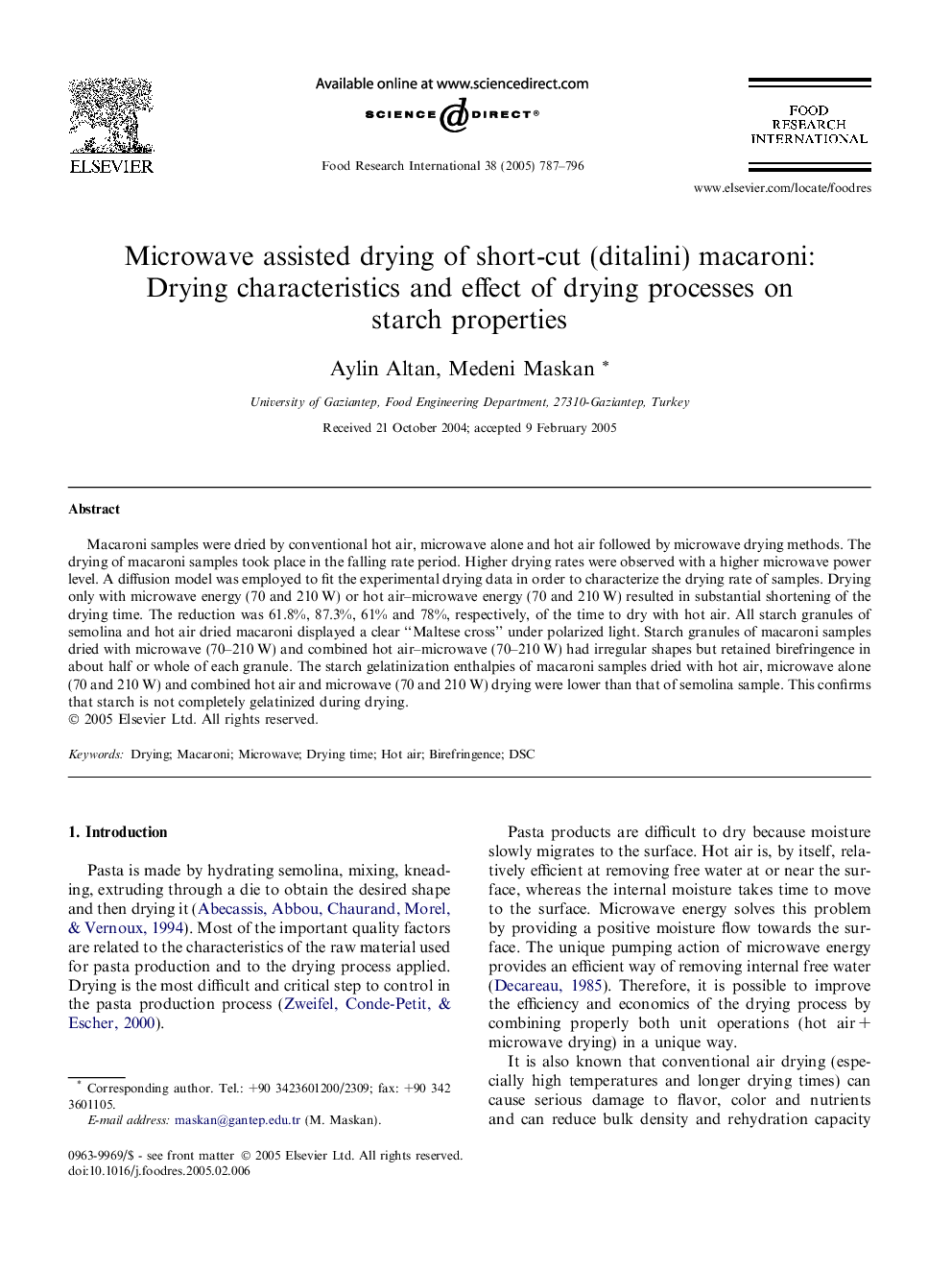 Microwave assisted drying of short-cut (ditalini) macaroni: Drying characteristics and effect of drying processes on starch properties