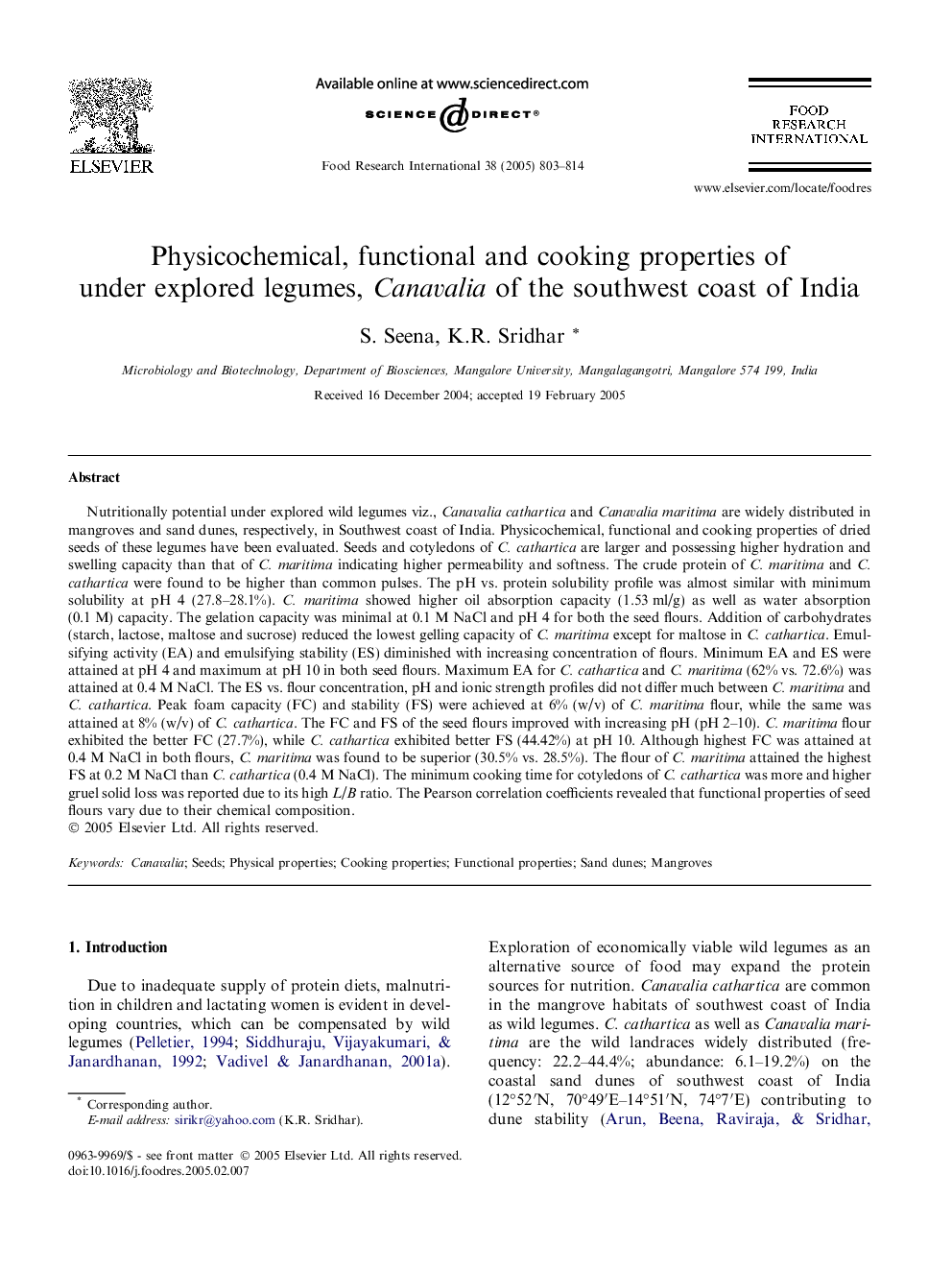 Physicochemical, functional and cooking properties of under explored legumes, Canavalia of the southwest coast of India