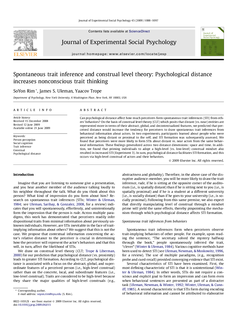 Spontaneous trait inference and construal level theory: Psychological distance increases nonconscious trait thinking