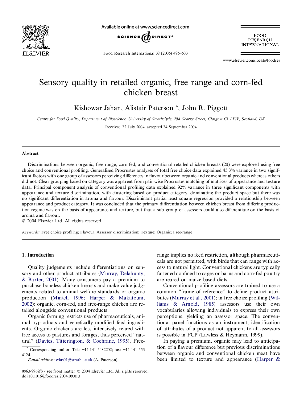 Sensory quality in retailed organic, free range and corn-fed chicken breast