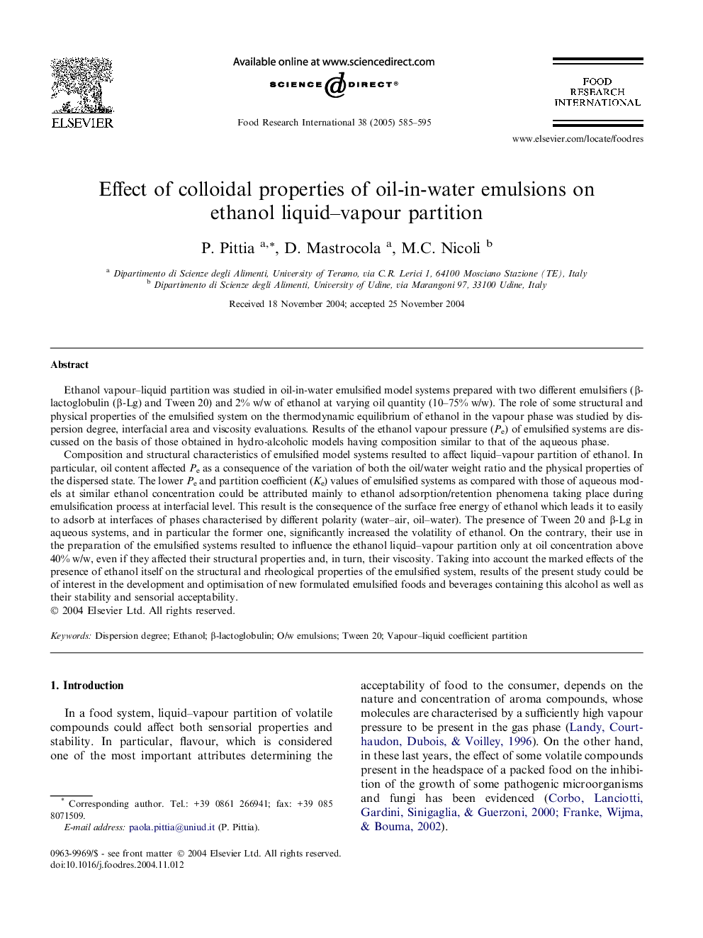 Effect of colloidal properties of oil-in-water emulsions on ethanol liquid-vapour partition