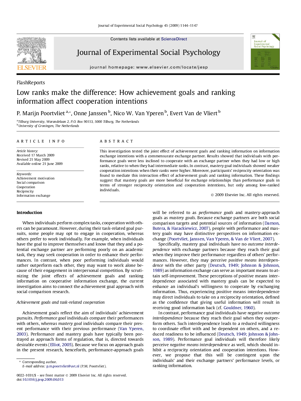 Low ranks make the difference: How achievement goals and ranking information affect cooperation intentions