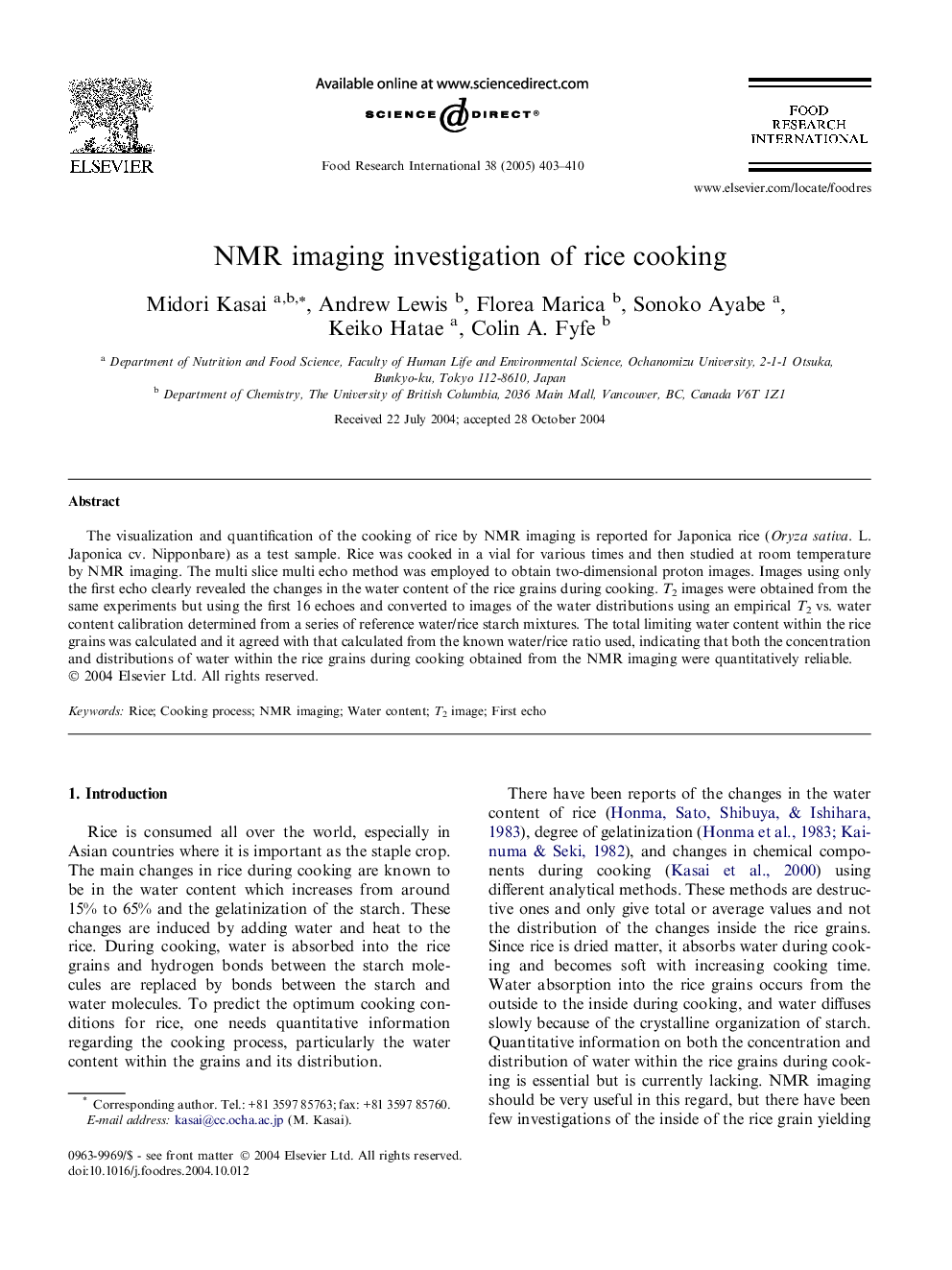 NMR imaging investigation of rice cooking