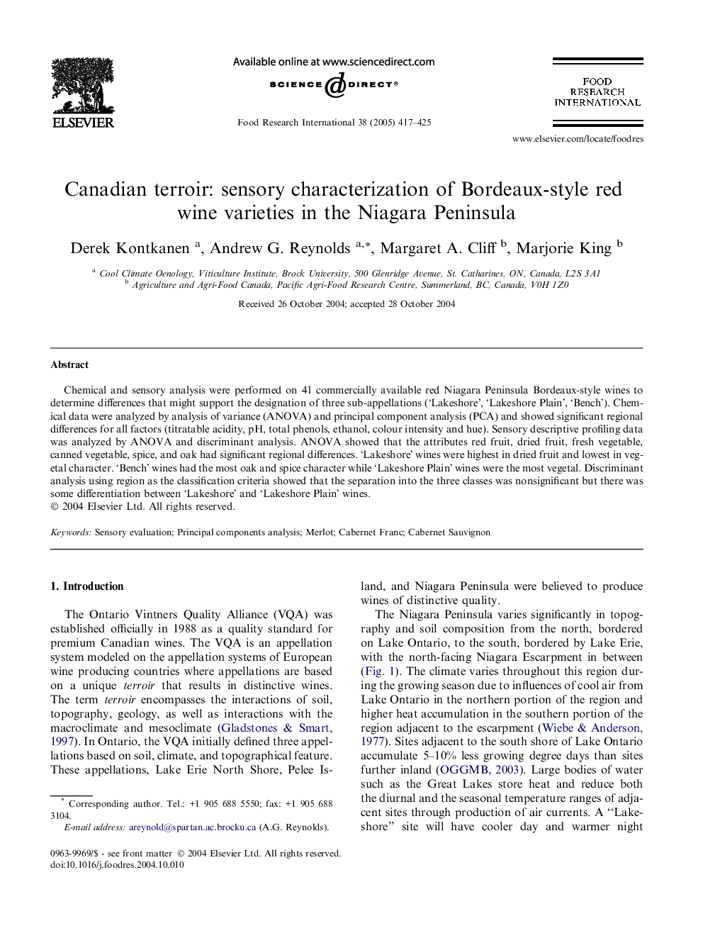 Canadian terroir: sensory characterization of Bordeaux-style red wine varieties in the Niagara Peninsula