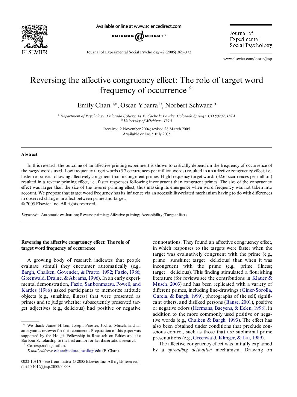 Reversing the affective congruency effect: The role of target word frequency of occurrence 