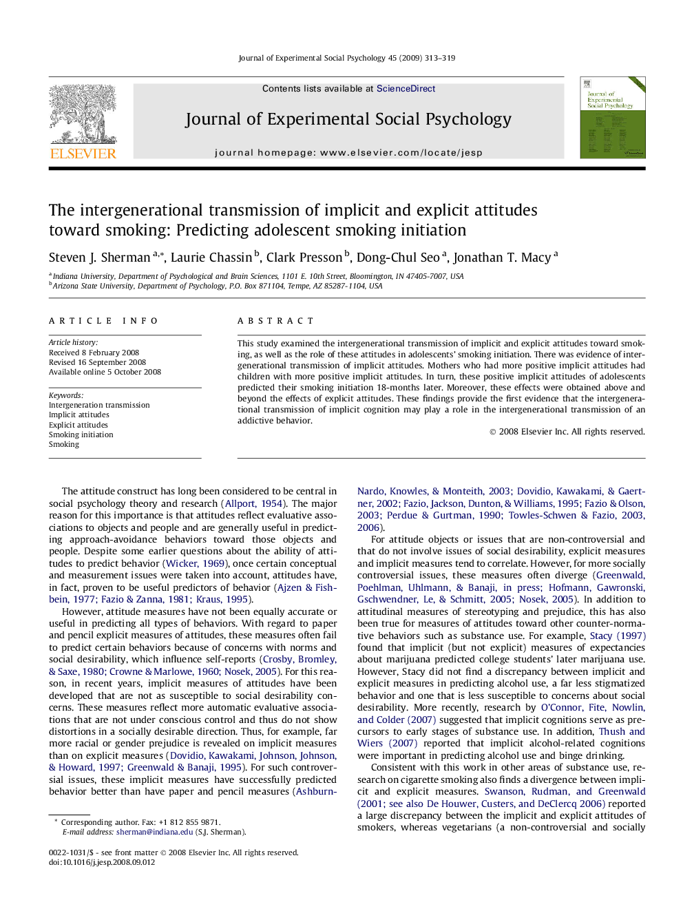 The intergenerational transmission of implicit and explicit attitudes toward smoking: Predicting adolescent smoking initiation