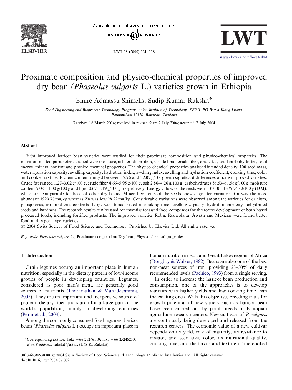 Proximate composition and physico-chemical properties of improved dry bean (Phaseolus vulgaris L.) varieties grown in Ethiopia