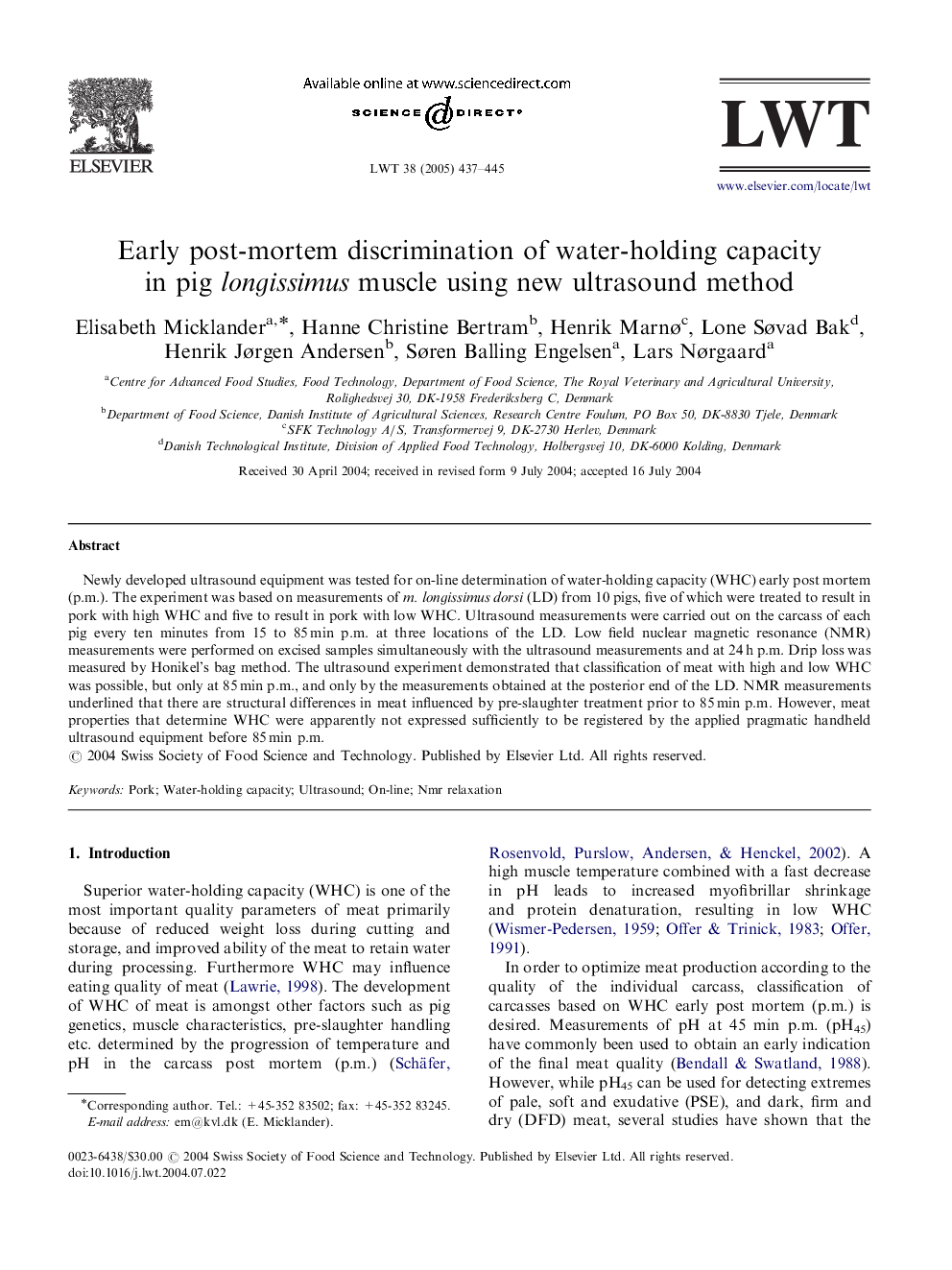 Early post-mortem discrimination of water-holding capacity in pig longissimus muscle using new ultrasound method