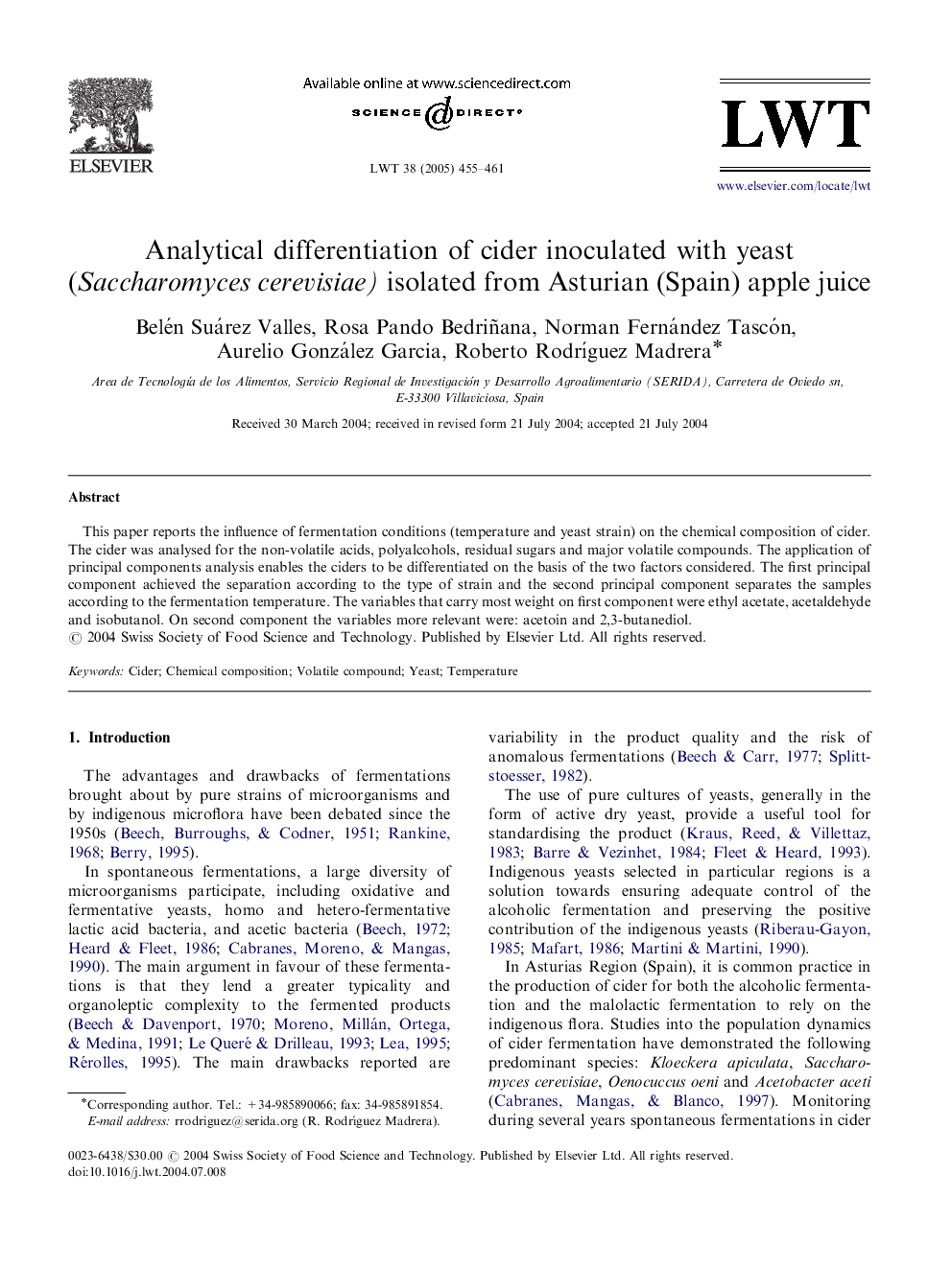 Analytical differentiation of cider inoculated with yeast (Saccharomyces cerevisiae) isolated from Asturian (Spain) apple juice