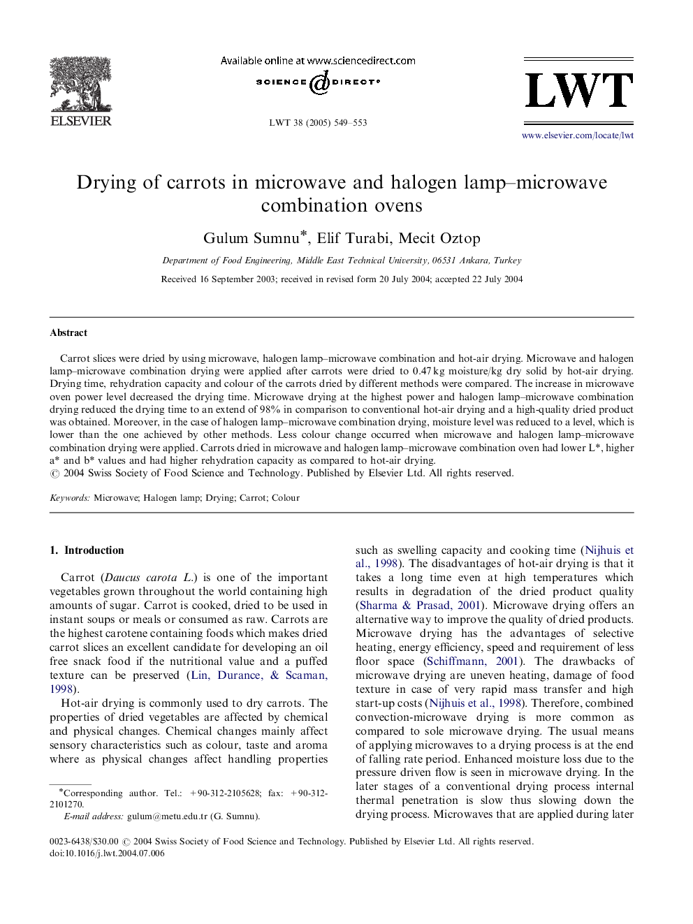 Drying of carrots in microwave and halogen lamp-microwave combination ovens