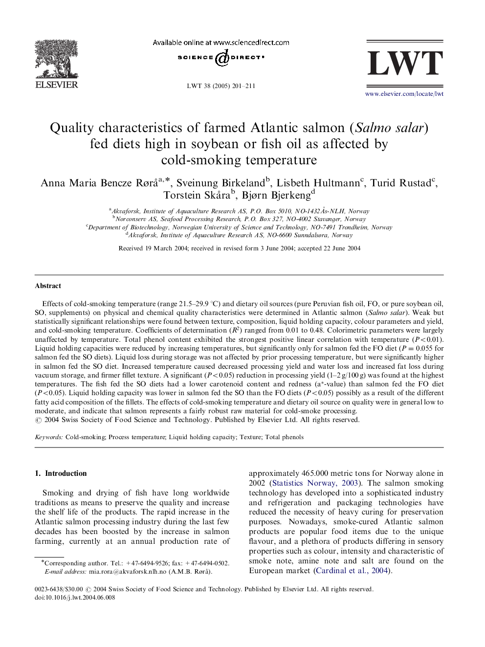 Quality characteristics of farmed Atlantic salmon (Salmo salar) fed diets high in soybean or fish oil as affected by cold-smoking temperature