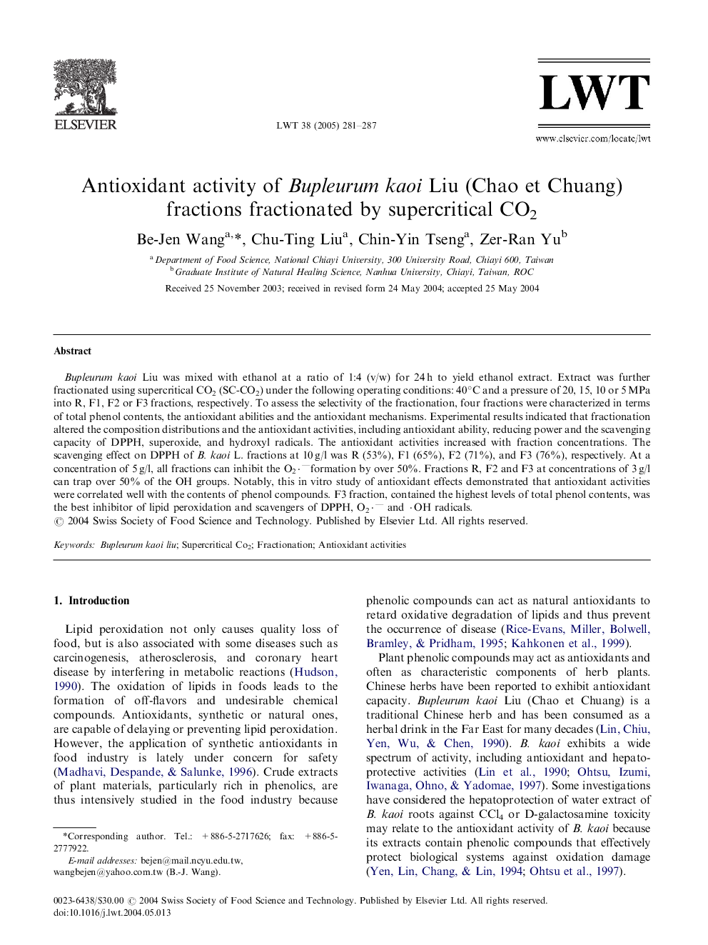 Antioxidant activity of Bupleurum kaoi Liu (Chao et Chuang) fractions fractionated by supercritical CO2