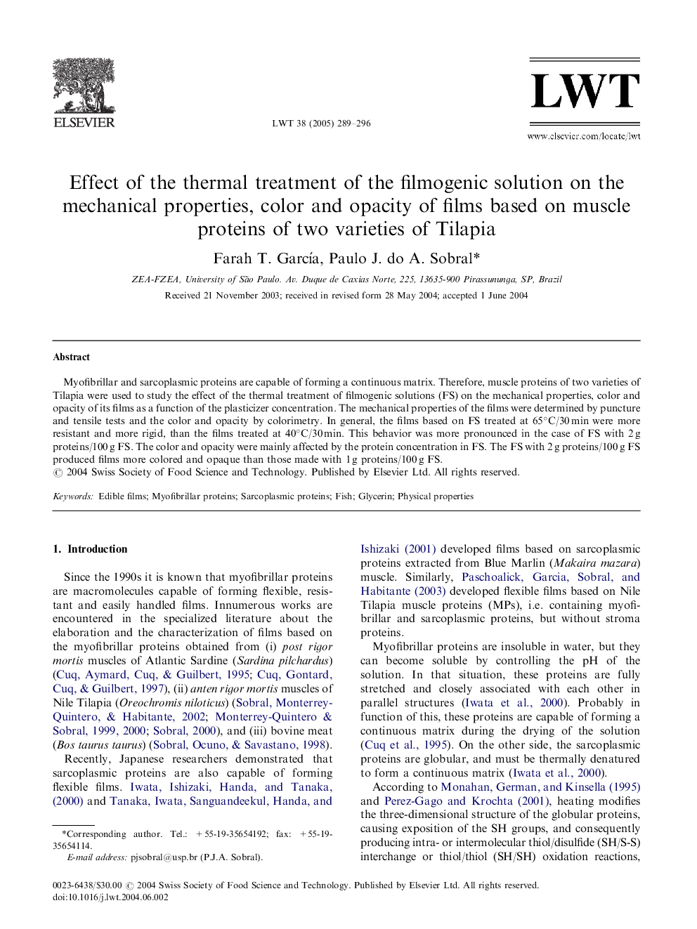 Effect of the thermal treatment of the filmogenic solution on the mechanical properties, color and opacity of films based on muscle proteins of two varieties of Tilapia