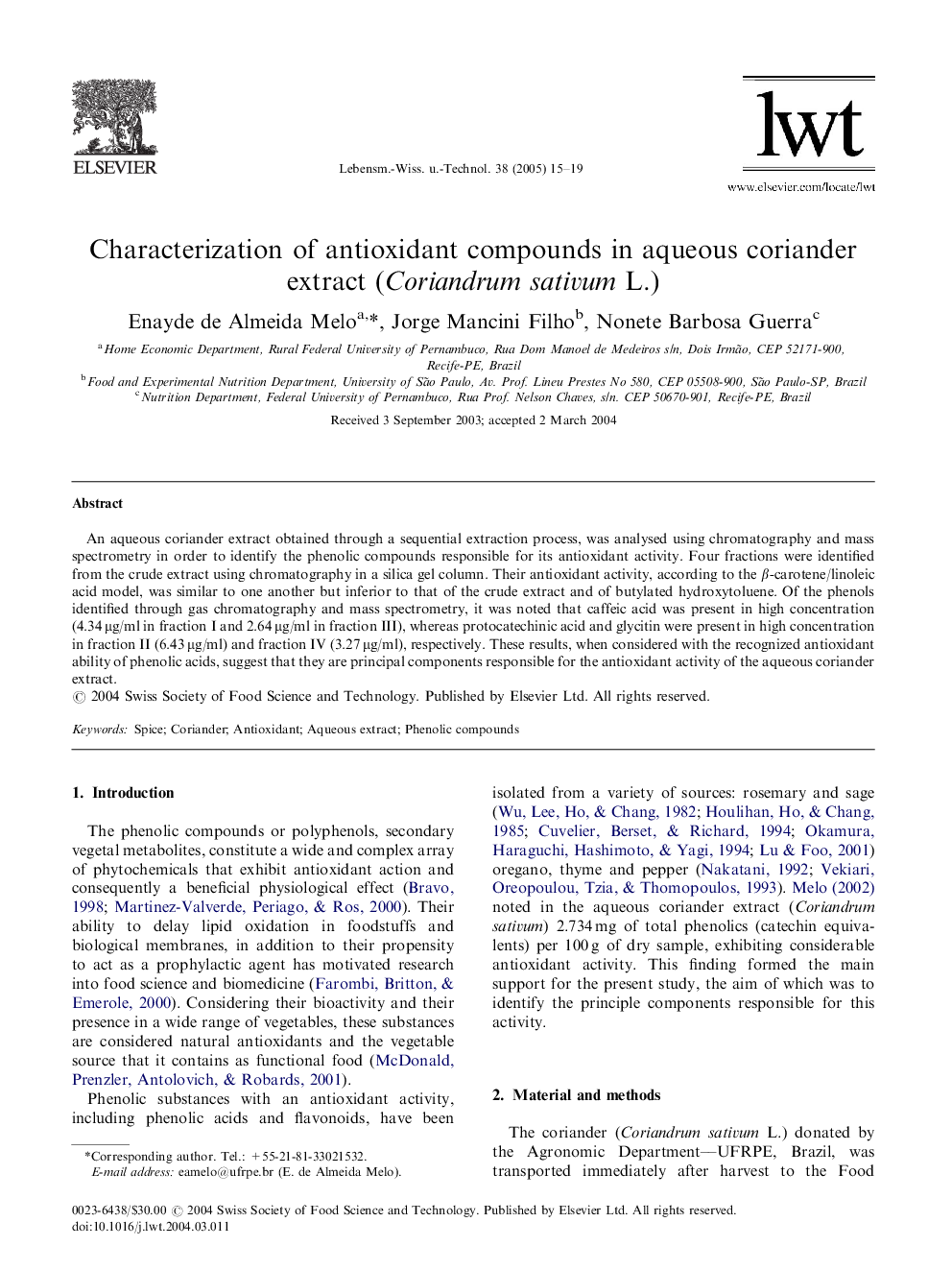 Characterization of antioxidant compounds in aqueous coriander extract (Coriandrum sativum L.)